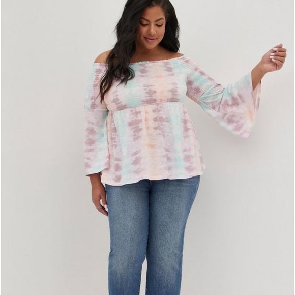 Torrid Babydoll Knit Smocked Off-Shoulder Bell Sleeve Top - Picture 2 of 9